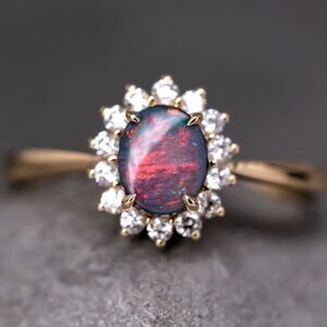 The Modern Classic - Australian Black Opal Diamond Halo Engagement Ring 18K